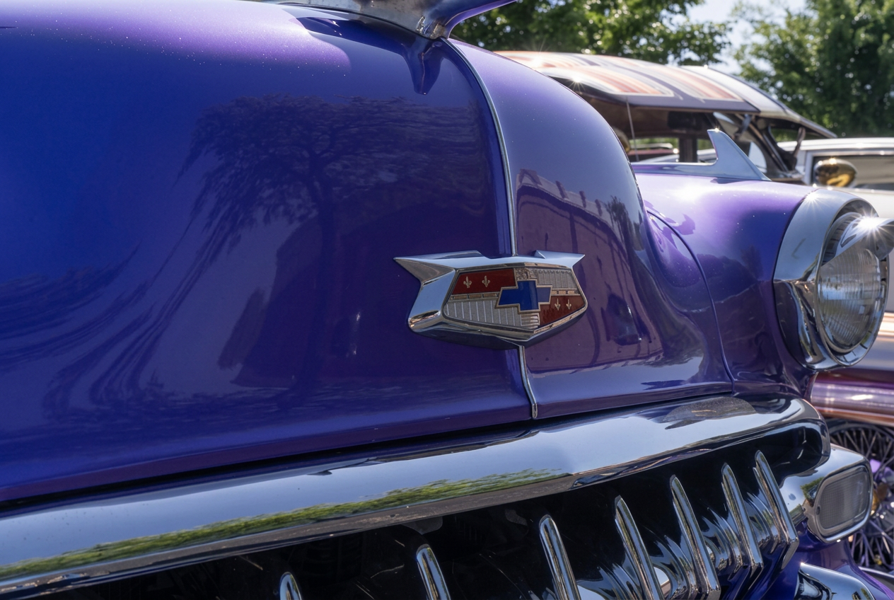 Chrome Chevrolet crest emblem on the deep purple hood of a customized classic Chevy at a car show