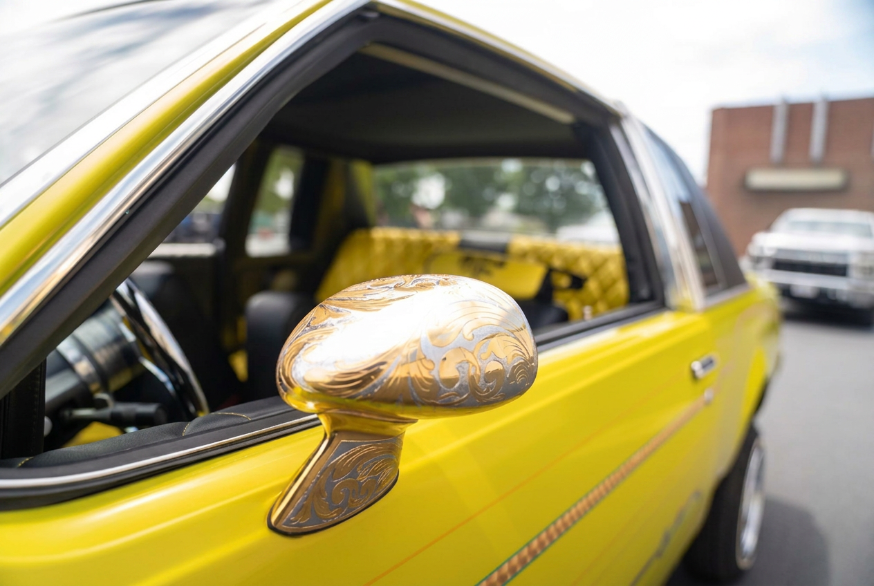 Gold engraved side mirror on a yellow lowrider with quilted interior visible through the window