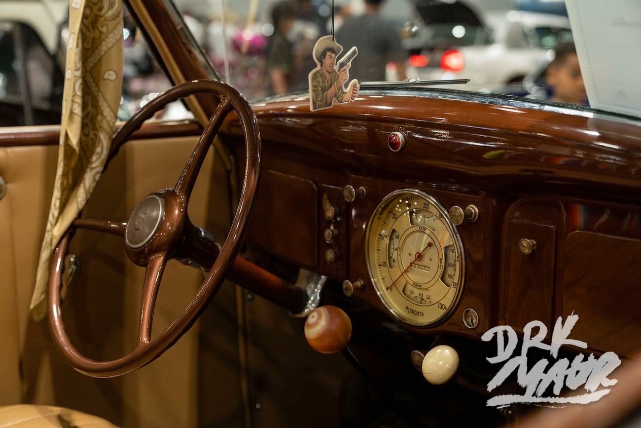 Vintage Plymouth dashboard and banjo steering wheel with art deco gauges