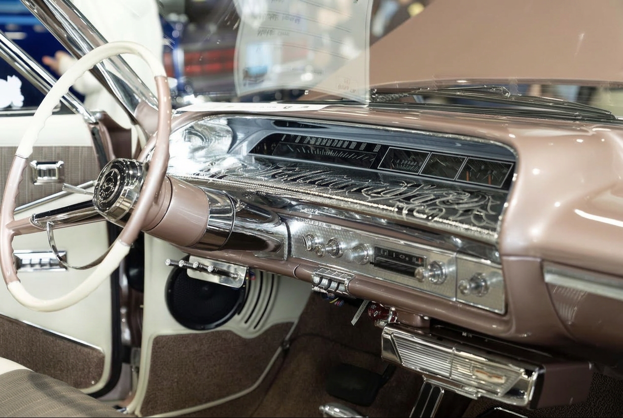Engraved chrome dashboard and white steering wheel inside a rose gold classic Impala