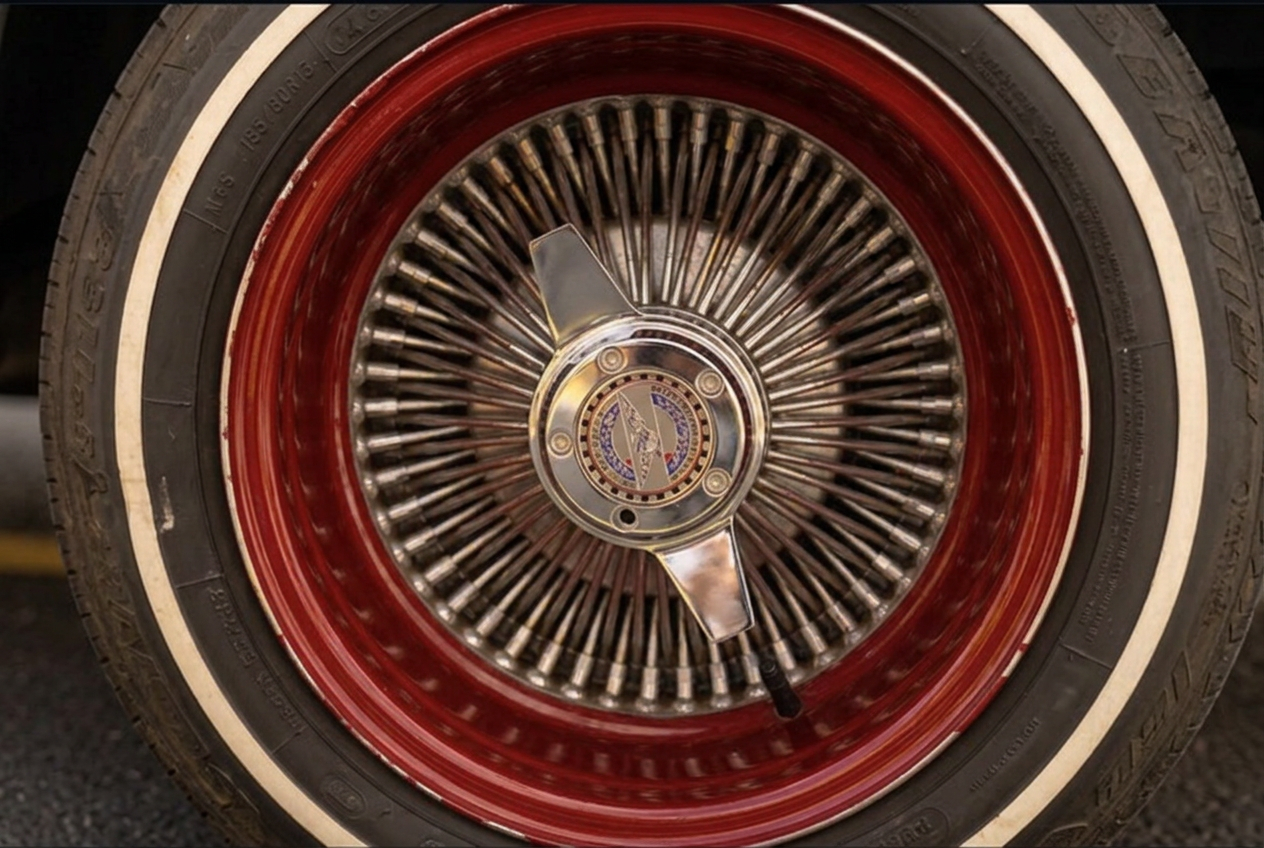 Close-up of a candy red wire spoke wheel with chrome knock-off spinner and whitewall tire