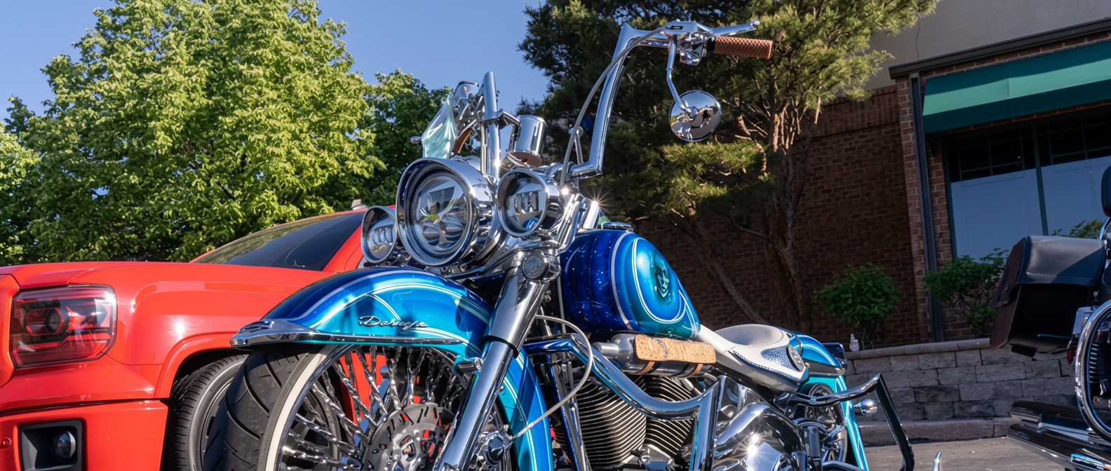 Front view of a blue custom bagger with dual headlights, chrome laced wheel and tall handlebars