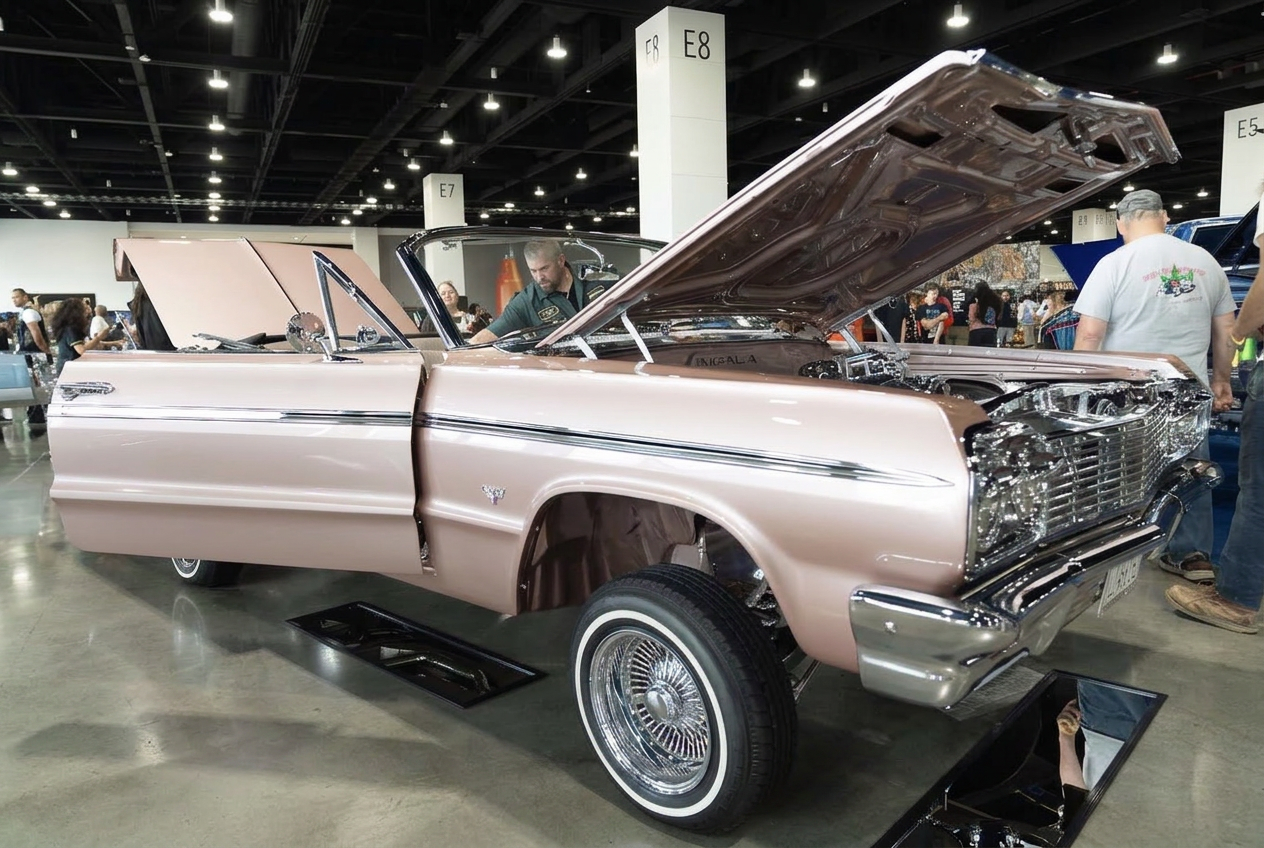 Rose gold Chevrolet Impala convertible lowrider with its hood and trunk open on display at an indoor car show
