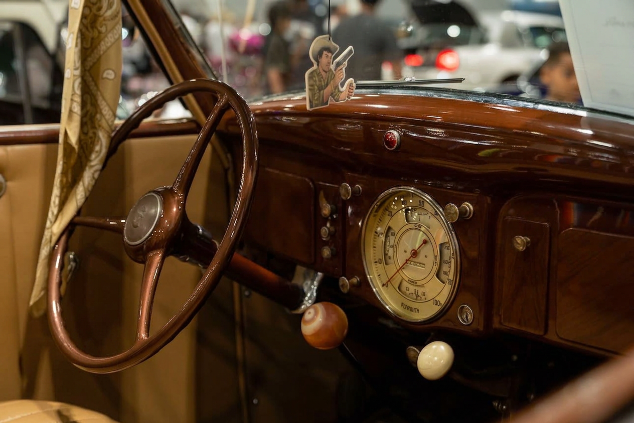 Vintage Plymouth dashboard and banjo steering wheel with art deco gauges