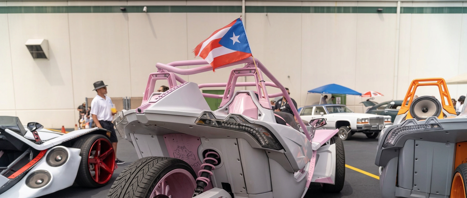 Rear three-quarter view of a pink Polaris Slingshot flying a Puerto Rican flag at a car show