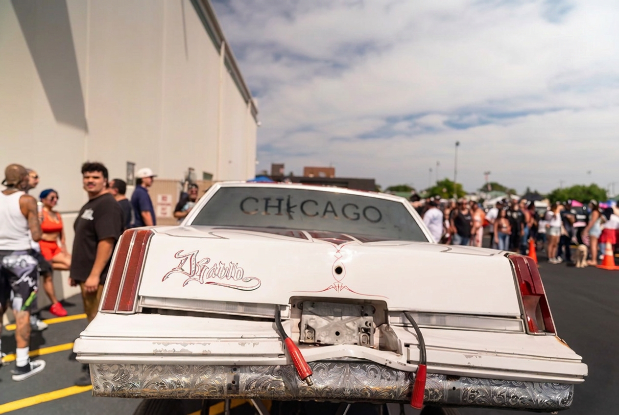 White lowrider hopping on hydraulics with its front end lifted high above the pavement at a car show